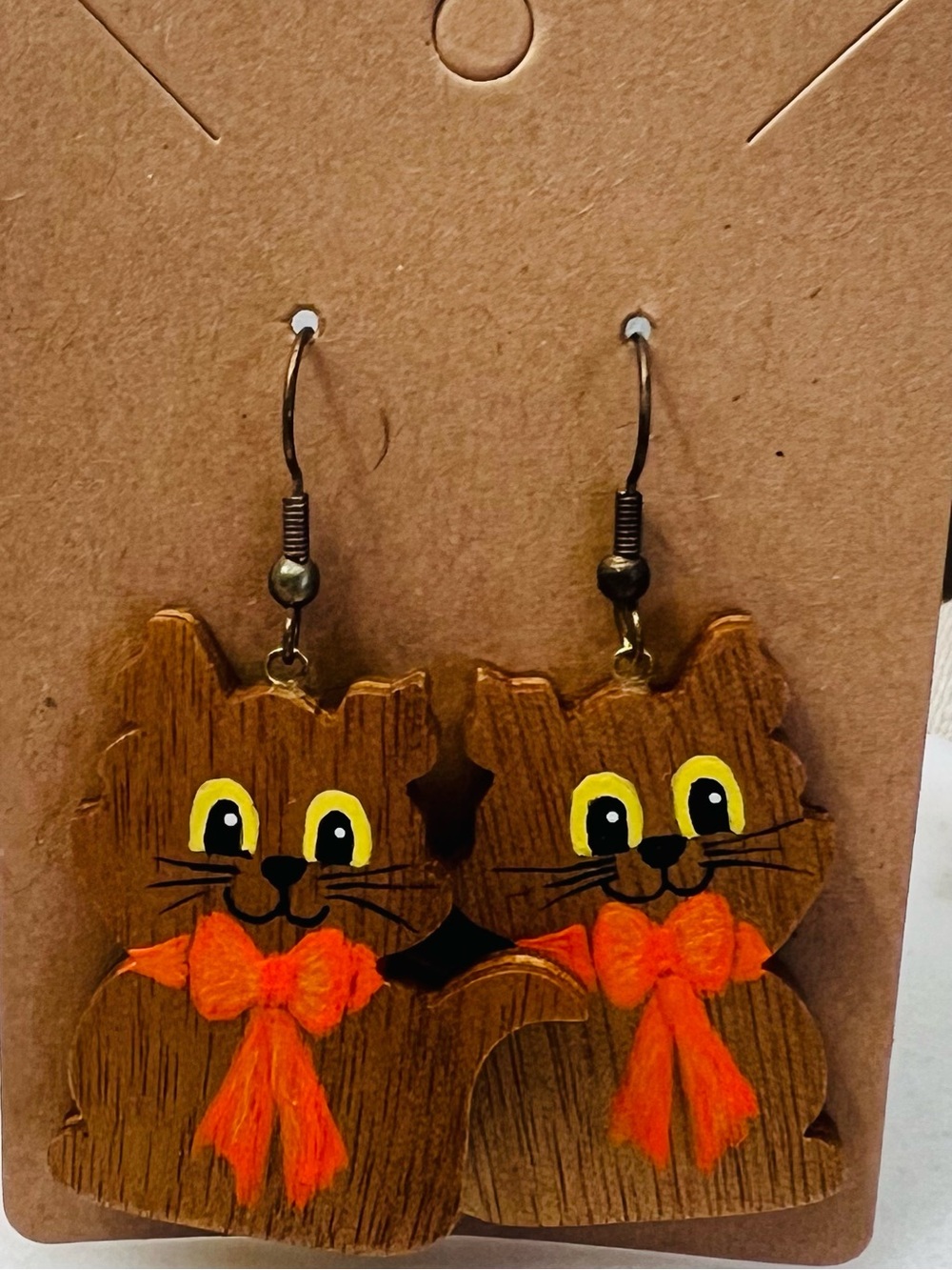 Vintage Handmade Hand-Painted Wooden Cat Earrings